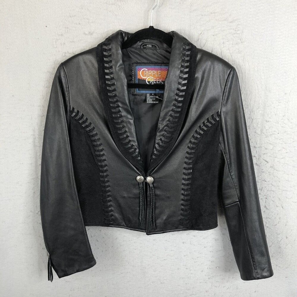 Cripple Creek Leather Jackt Womens Small Black Western Concho Braided Ranch